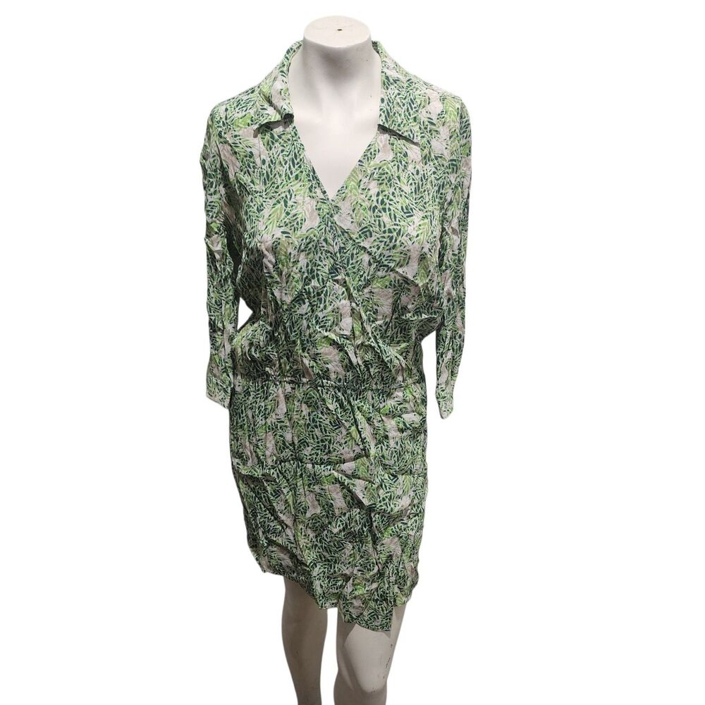Cabi Women’s Green Leaf Print Wrap Dress | V-Neck Collared Elastic Waist Casual